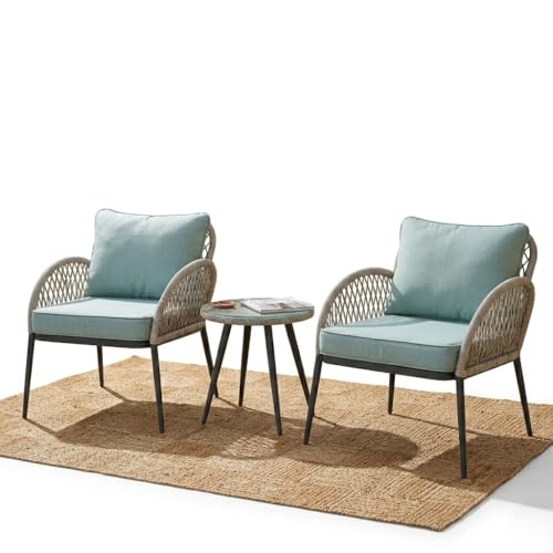 Image of LOCCUS Outdoor Patio 3-Piece Wicker Chair Table Set with Double Waving HDPE Rattan All Weather Resistant Furniture with Glass Top Table & Comfy Seat (Sliver Grey & Sky-Blue)