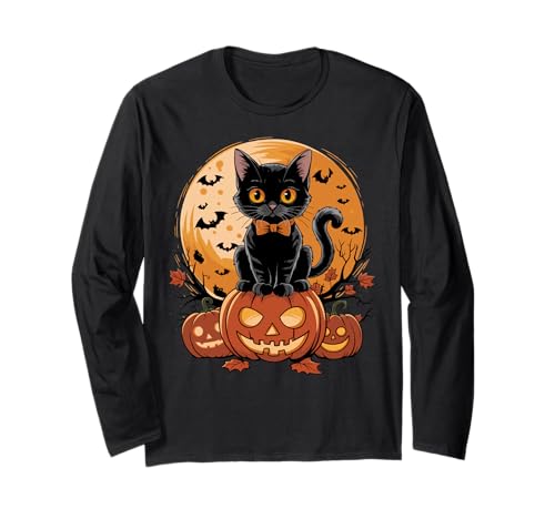 Retro Black Cat Pumpkin Halloween Costume Fall Autumn Season Manga Larga