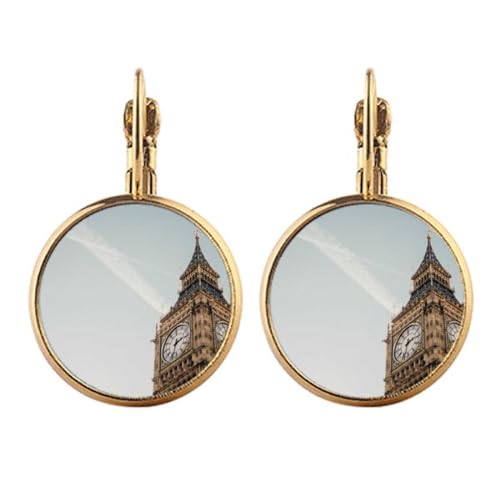 Boucles d'oreilles clip or Big Ben Clouds pendantes bleu Art déco