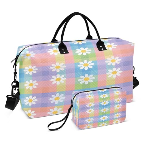 CEBUGI Plaid Daisy Flowers Quilted Duffle Bag for Women Large Carry On Travel Weekend Bag Hospital Bags for Labor and Delivery