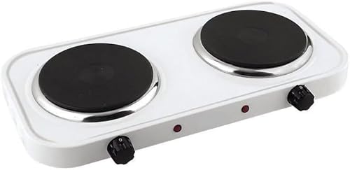 Cocina Eléctrica Portátil Doble, 2 Fogones, 2000W, Blanco, Placas de Acero Inoxidable, Control de Temperatura Independiente, Indicadores LED