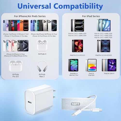 Image of iPhone 17 16 Charger,USB C Wall Charger Block Chargers Fast Charging with 10FT USBC to C Woven Cable for iPhone 17e /17 /17 Pro /17 Pro Max /17 Air /iPhone 16 /16 Plus /16 Pro Max /16e /15 /15Pro,iPad Pro