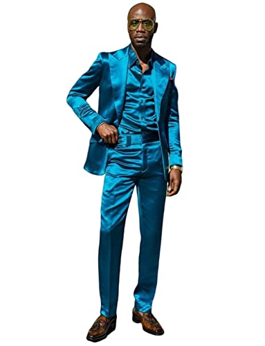 Men's Satin Two Pieces Suit Peak Lapel Double Breasted Buttons Tuxedo for Leisure Groom
