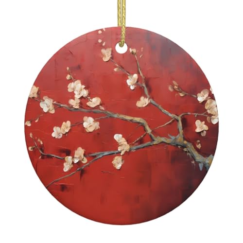 Open apricot blossoms Patterned ceramic Christmas ornaments - round. Suitable for Christmas trees, holiday parties, and home décor