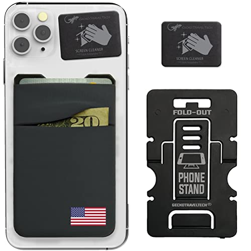 Gecko Travel Tech Double Pocket - Adhesive Card Holder - Cell Phone Pouch - Stick on Spandex Pocket - Carry Credit Cards and Cash (USA FLAG - GRAY)