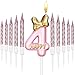 Pink Birthday Candle Girl, Number Birthday Cake Topper with 10 Pieces Rose Gold Birthday Candles Long Thin Cupcake Candles in Holders for Cake Topper Birthday Baking Decor Supplies (Number 4 Style)