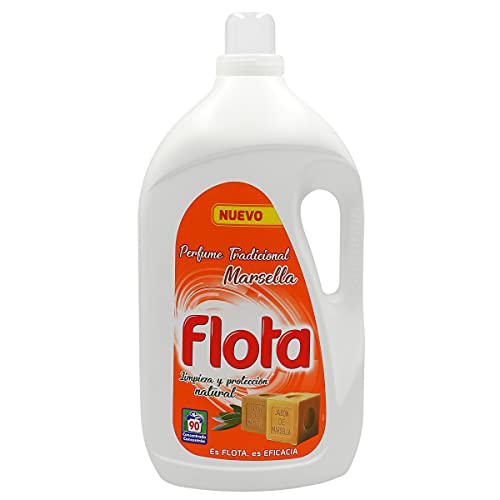 FLOTA - Detergente Líquido Quitamanchas incluso en Agua Fría para Lavadora, Ropa Blanca y de Color, Fragancia Marsella, 90 Lavados