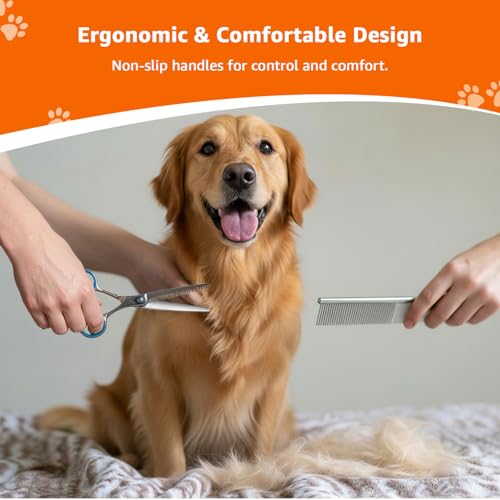 Image of Amazon Basics Dog & Cat Grooming Kit - 4-Piece Stainless Steel Set with Thinning Shear, Trimming Scissors, Curved Scissors & Grooming Comb - All-in-One Pet Grooming Set