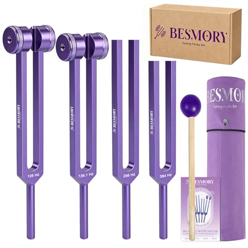 Tuning Forks for Healing Set 4PCS Sound Healing Tuning Forks (128Hz 136.1Hz 256Hz 384Hz) with Reflex Hammer & Pouch Weighted and Unweighted Chakra Tuning Fork Kit for Meditation Yoga Reiki