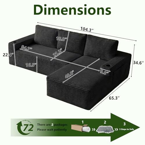 Image of 104.3 inch Modular Sectional Sofa,Modern Corduroy Cloud Couch with Cup Holder & Side Pockets,Boneless Couch Upholstered 4-Seater L-Shaped Sofa for Living Room,No Assembly (Black, Right-Facing Chaise) | with Cup Holder