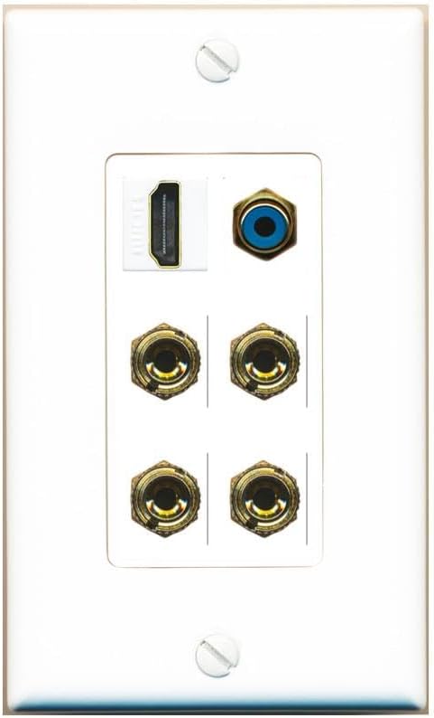 RiteAV 2 Speaker 4 Banana Binding Post HDMI RCA Wall Plate - 1 Gang Decorative [Stainless/White]