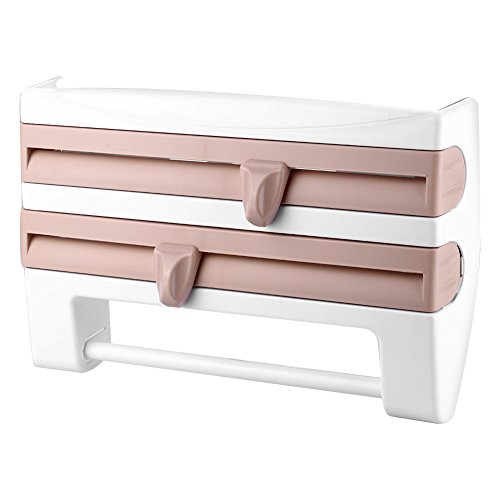 Wall-Mount Wrap and Tin Foil Dispenser Paper Towel Holder Multifunction Sauce Bottle Storage Rack Preservative Film Dispenser Kitchen Storage Rack(Khaki)