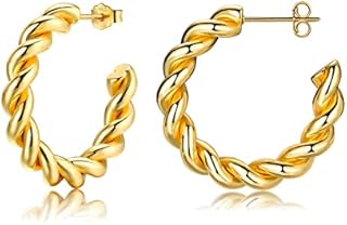 CERSLIMO Silver Twisted Hoop Earrings for Womens - S925 Sterling Silver Chunky Open Hoops, Hypoallergenic Vintage Earrings | 14K White Gold Plated Thick Hoops, 25mm, 28mm