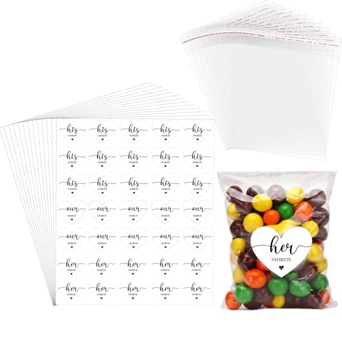AIOMOB 100 Set Heart Shape His Her Our Favorite Stickers Candy Bags Wedding Favor Stickers 4x6 Inches Self Sealing Cellophane Bags for Wedding Favor Labels Guest Welcome Bag Stuffers Bulk