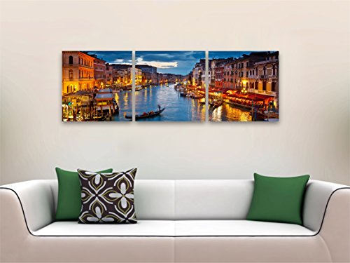 Wieco Art Venice Night 3 Piece Giclee Canvas Prints Wall Art Italy City Skyline Landscape Picture Paintings For Living Room Bedroom Home Decorations Modern Stretched And Framed Cityscape Artwork #TOP1