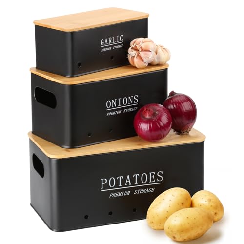Otauoaea Caja Para Guardar Patatas - [Juego de 3] Tarros de Patatas Tarro de Cebolla Tarro de ajo - Almacenamiento Cocina con Tapa de bambú y Orificios de Ventilación - Negro