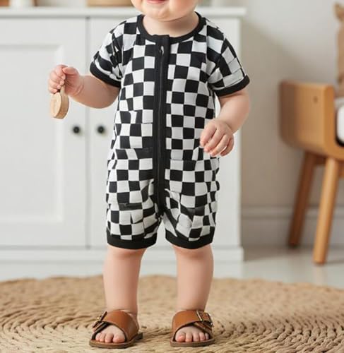 Karuedoo Newborn Baby Boy Girl Clothes Checkered Zipper Short Sleeve Romper Jumpsuit One-Piece Bodysuit Infant Summer Outfit2