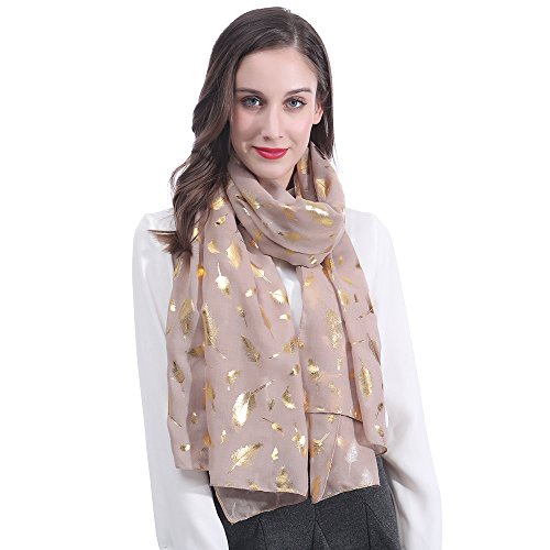 Lina & Lily Foulard Femme à Plumes Métallisées, Écharpe Tissu Léger 180cm X 75cm (Beige-Or)