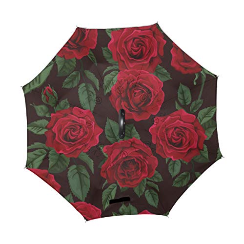 Alaza Red Rose Flower Windproof Inverted Open Close Reverse Rain Umbrella Inside Out Quality Waterproof Parasol Upside Down Stick Shelter With Hook C Handle #TOP1