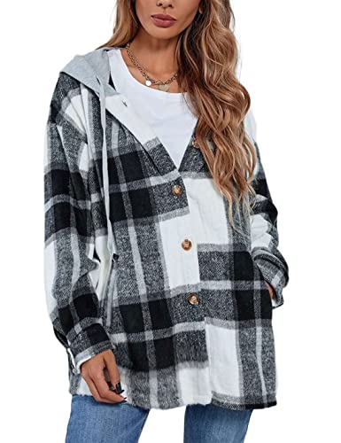 Zontroldy Womens Black and White Hooded Shacket Jacket Oversized Casual