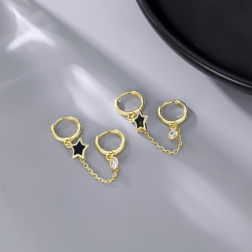SLUYNZ Solid 925 Sterling Silver Black Star Double Hoop Earrings Chain for Women Teens CZ Double Piercing Earrings Huggie Earrings4