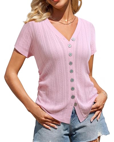 Image of Messic Womens Short Sleeve Sweaters V Neck Casual Summer Knit Pullover Tops