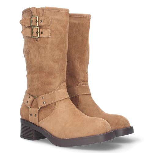 79307 Bota Motera para Mujer con Tacon bajo y Cierre de Cremallera, comodas para Vestir e IR de Ruta. Cana de 27cm de Longitud. Camel Talla 38