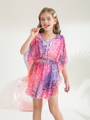 Image of Haloumoning Girls Chiffon Swim Beach Cover Up Kids Cute Elastic Waist Printed Bathing Suit Coverups 5-14 Years