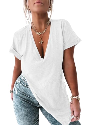 Image of Womens Deep V Neck T Shirts Oversized Side Split Summer Sexy Tunic Tops | Loose Fit, Low Cut, Soft Comfortable, Flowy, Casual Dressy, Stretchy, Beach Vacation, Solid Color, Curved Hem