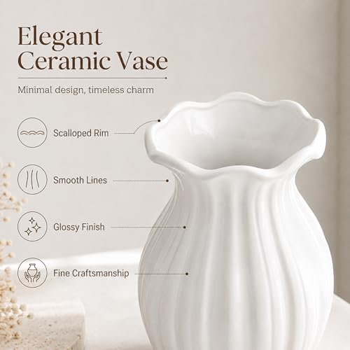 White Ceramic Vase, 7.8 Inch Farmhouse Flower Vase for Home Decor - Image 3