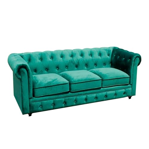 Solycarpa Sofá Chésterfield de Terciopelo Verde, 3 de Plazas. Elegante, Clásico y de Calidad, Diseño Vintage Sofisticado para Salón, Eventos y Hogar.