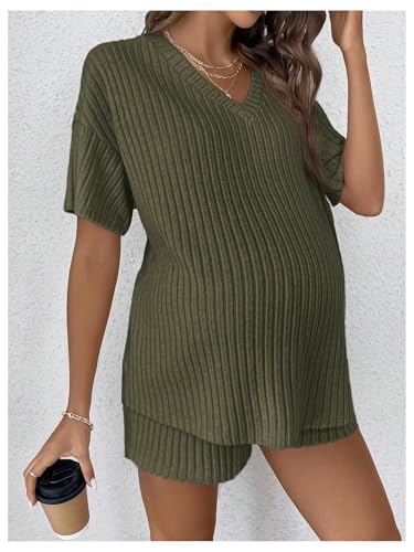 Image of MakeMeChic Women's Maternity 2 Piece Outfits Summer Short Sleeve Rib Knit Tee Top and Short Lounge Sets Clothes