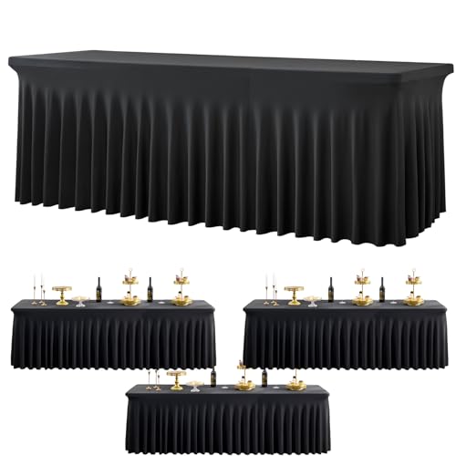 Image of 3 Pack Black Spandex Tablecloths for 8 Foot Rectangle Tables, Stretchy Fitted 8ft Table Cloths, Wrinkle Free Table Cloth Cover for Parties Weddings Birthday Banquet Baby Shower