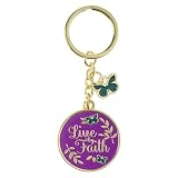 WITH LOVE Women's Keychain, Live By Faith Pink w/Teal Butterfly Charm Medallion Metal Design Inspirational Quote Key Ring Ladies Accessory for Her Luggage ID, Backpack/Bag Charm