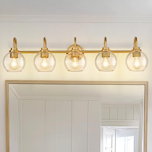 Image of Bathroom Light Fixtures, 5-Light Brushed Gold Vanity Lights with Globe Clear Glass, 35 Inch Champagne Bronze Vanity Lighting Fixtures Over Mirror, AD-22280-5W-GD