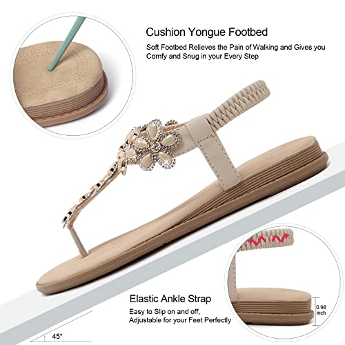 Image of iCKER Women Rhinestone Sandals T-Strap Buckle Bohemian Pearl Crystal Flat Sandals