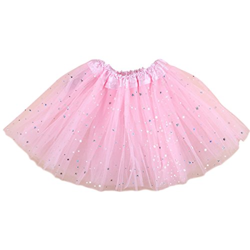 Jastore Girls Layered Stars Sequins Tutu Skirt Princess Ballet Dance Dress (Pink)