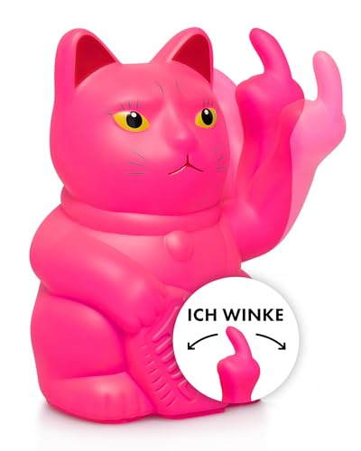 ANGRY CAT - Winkekatze Lucky CAT - Lustige winkende Katze - japanische Winkkatze mit Stinkefinger - Dekoartikel Wackelfigur Katze - Winke-Arm mit Mittelfinger - 15cm – NEON PINK