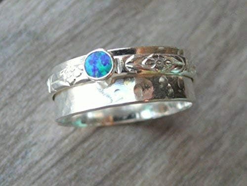 Blue Opal Spinner Ring, 925 Sterling Silver, Worry Anxiety Jewelry, Wide Band Ring