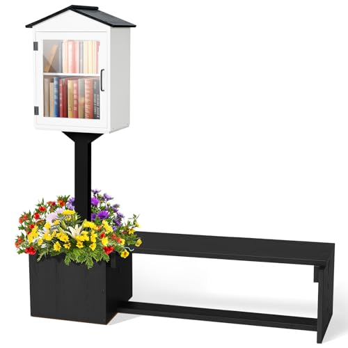 Wonderjune Outdoor Library Box and Bench Set, Waterproof Double Outdoor Book Box Storage with Matching Wooden Seats Floor Plugs and Small Flower Fence for Neighborhoods, Community(Black and White)