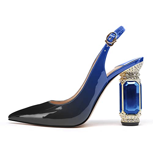 Image of JANSEVEN Women Chunky Heels Pumps Crystal Block Heels with Rhinestones Pointed Toe Sexy Gradient Patent Leather Slip on Bridal Party Wedding Dress Shoes 5-13 M US