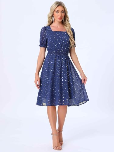 Image of Allegra K Party Midi Dress for Women Ruffle Short Sleeve Elastic Waist A-Line Metallic Star Dresses