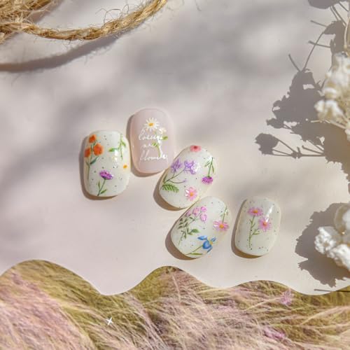 Image of Flower Nail Stickers Wildflower Nail Art Stickers with Butterfly Design 5D Embossed Self Adhesive Spring Nails Decals Charms Supply Decoration Accessories for Women