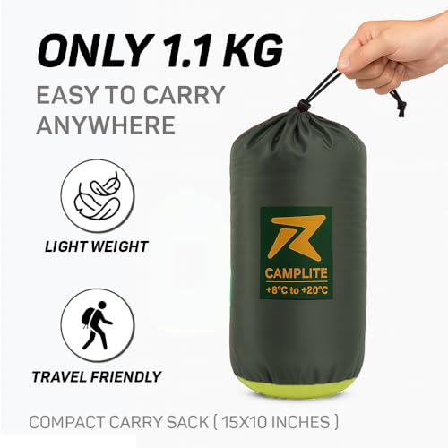 Image of Rocksport Camplite +8C to +20C Rectangular Shape Sleeping Bag for Camping, Hiking, Indoor & Outdoor, Warm Sleep Bag l Free Adventure Pass(Yellow /Army Green STR)