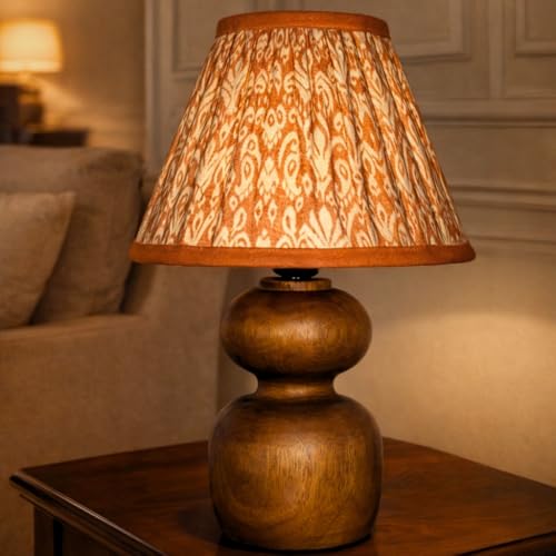 Image of The Decor Mart Printed Shade Table Lamp with Wooden Base|Sleek Decor Decorative Beside Light for Desk,Bedroom, Living Room, Home Office and Hotel(20x20x30 cm) (Orange)