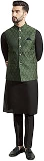 kisah Men's Kurta Jacket Trouser Set, Olive Jacquard, Woven Design Long Sleeves Regular Fit Mandarin Collar-picture-45