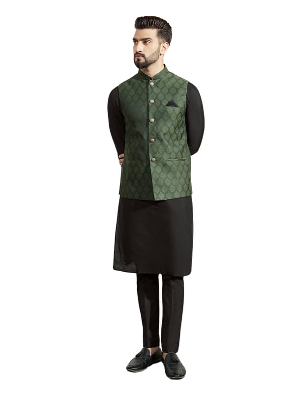 kisah Men's Kurta Jacket Trouser Set, Olive Jacquard, Woven Design Long Sleeves Regular Fit Mandarin Collar-picture-13
