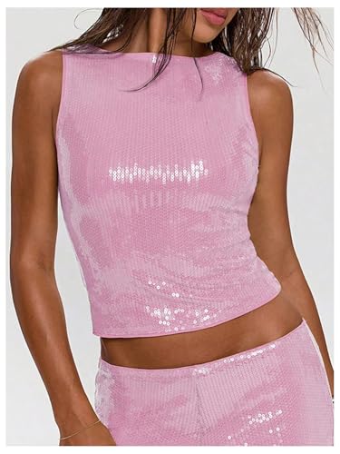 MakeMeChic Women's Sequin Sparkly Tank Crew Neck Sleeveless Party Crop Tops Clubwear2