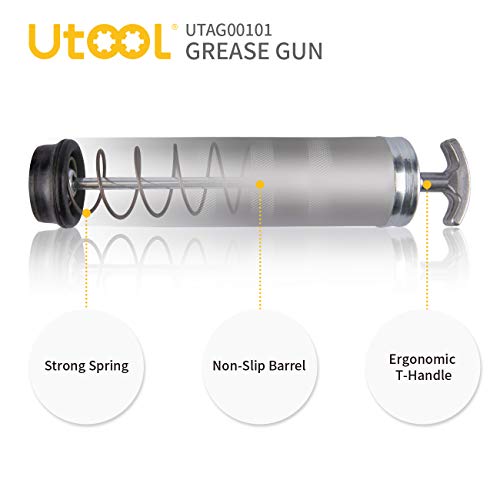 UTOOL Grease Gun, 7000 PSI Heavy Duty Pistol Grip Grease Gun Set with 14 oz Load, 18 Inch Spring Flex Hose, 2 Working Coupler, 2 Extension Rigid Pipe and 1 Sharp Type Nozzle Included, Silver