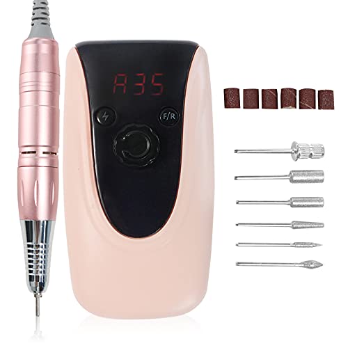 35000 RPM Electric Nail File, MEIUGV Professional Portable Nails Drill Machine with Nail Drill Bits, Sanding Bands and Brush for Women Home, Nail School Nail Tech Gel Nails and Salon Use Pink